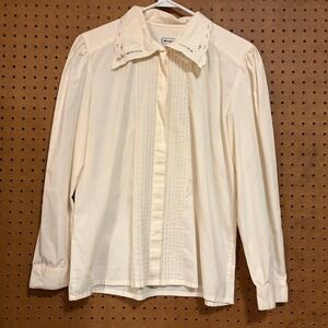 VTG Cream Blouse Lace Cutout Collar Pleated Size 14 Victorian Cottage Coquette